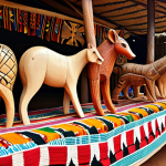 **Artisanal Craftsmanship:** A vibrant marketplace scene in Togo showcasing intricate wood carvings depicting animals with symbolic meaning, alongside colorful handwoven Kente cloth with complex designs.