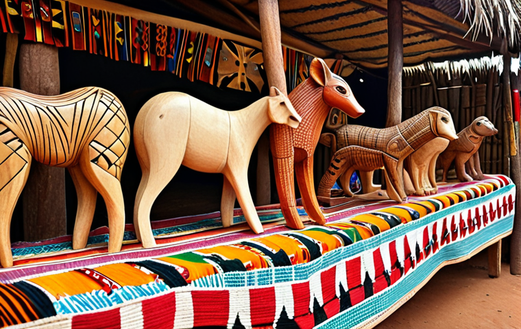 **Artisanal Craftsmanship:** A vibrant marketplace scene in Togo showcasing intricate wood carvings depicting animals with symbolic meaning, alongside colorful handwoven Kente cloth with complex designs.