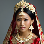 A majestic Malaysian bride in a traditional wedding dress, crafted from exquisite, hand-woven Songket. The gown features intricate patterns of flora and fauna, rendered in rich, symbolic colors like deep red and emerald green, embodying cultural narratives and prosperity. Focus on the luxurious texture of the gold and silver threads, highlighting the meticulous craftsmanship and the dedication of the artisans. The bride wears elaborate traditional accessories such as a 'dokoh' or an ornate headpiece, completing a look that exudes historical depth and profound cultural heritage. Photorealistic, high detail, vibrant, luxurious, culturally rich, soft lighting.