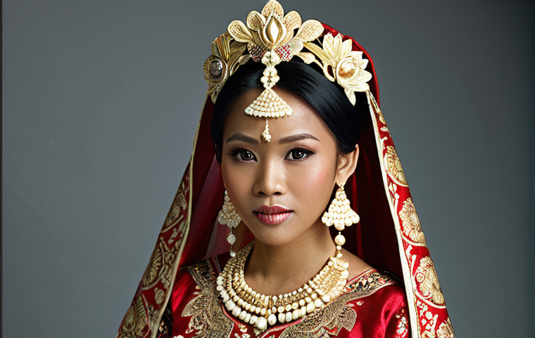 A majestic Malaysian bride in a traditional wedding dress, crafted from exquisite, hand-woven Songket. The gown features intricate patterns of flora and fauna, rendered in rich, symbolic colors like deep red and emerald green, embodying cultural narratives and prosperity. Focus on the luxurious texture of the gold and silver threads, highlighting the meticulous craftsmanship and the dedication of the artisans. The bride wears elaborate traditional accessories such as a 'dokoh' or an ornate headpiece, completing a look that exudes historical depth and profound cultural heritage. Photorealistic, high detail, vibrant, luxurious, culturally rich, soft lighting.