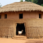 A majestic, multi-tiered 'tata somba' house in Koutammakou, Togo, resembling a living fortress. Constructed from sun-dried mud, wood, and intricately thatched straw, its thick walls and unique design seamlessly blend with the natural grassy landscape. The structure showcases ingenious natural climate control, with a few domestic animals like goats or chickens around its base, highlighting integrated living. The lighting is warm and natural, emphasizing the texture of the materials.