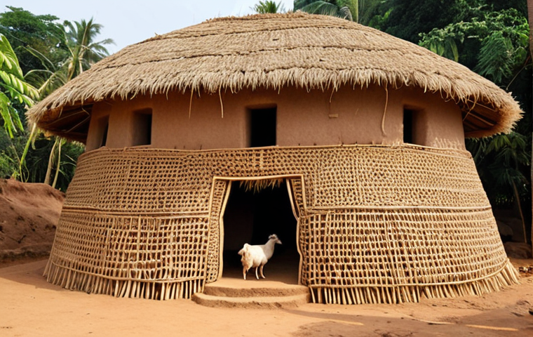 A majestic, multi-tiered 'tata somba' house in Koutammakou, Togo, resembling a living fortress. Constructed from sun-dried mud, wood, and intricately thatched straw, its thick walls and unique design seamlessly blend with the natural grassy landscape. The structure showcases ingenious natural climate control, with a few domestic animals like goats or chickens around its base, highlighting integrated living. The lighting is warm and natural, emphasizing the texture of the materials.